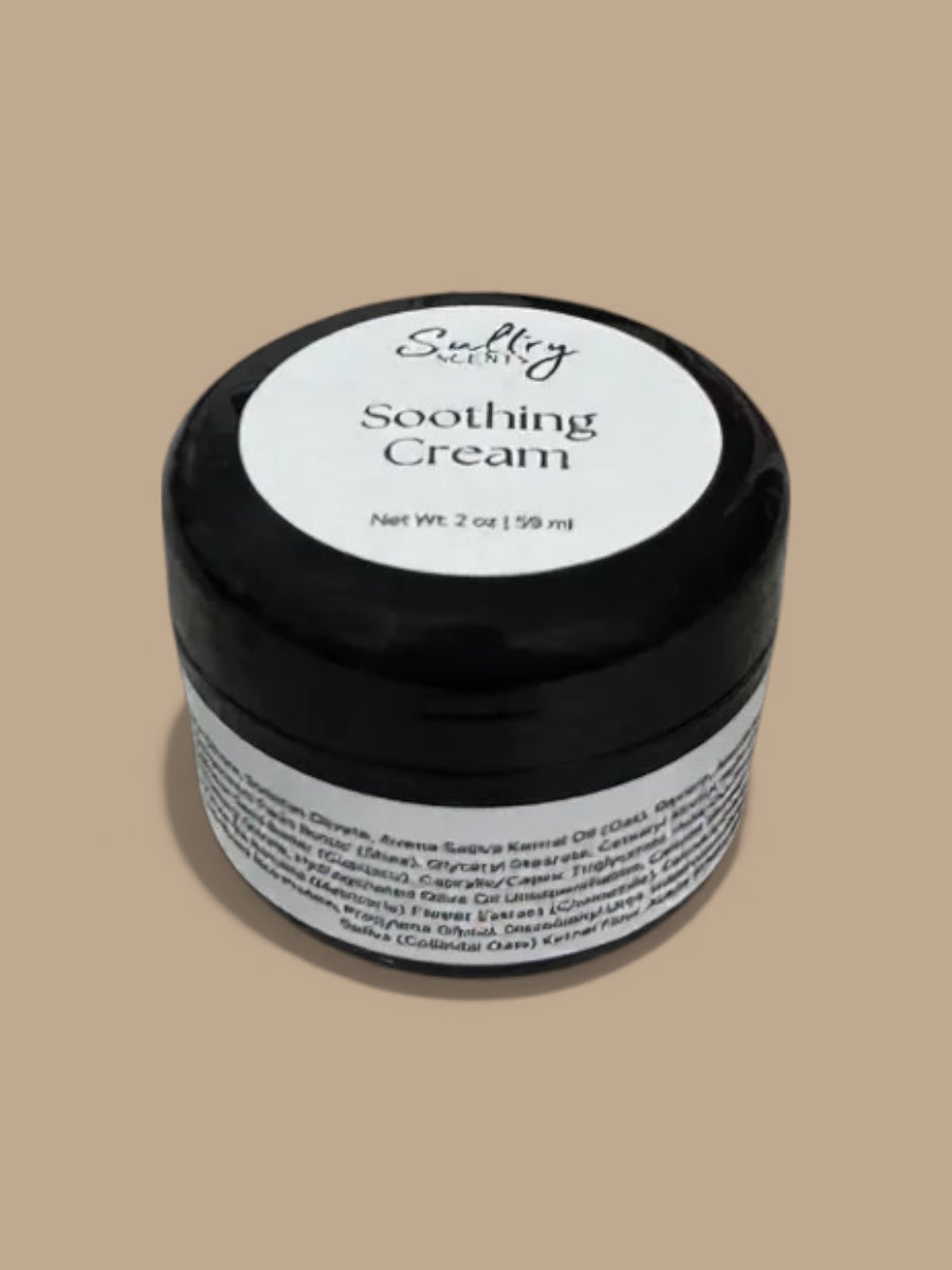 Sultry Scents Soothing Cream for Sensitive Skin in a 2 oz jar with a sleek black design
