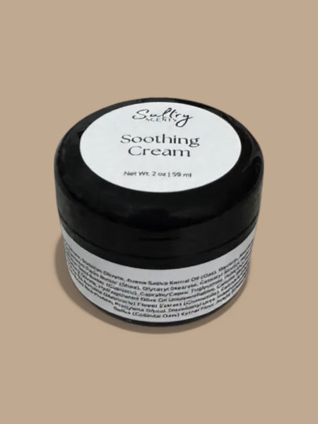 Sultry Scents Soothing Cream for Sensitive Skin in a 2 oz jar with a sleek black design