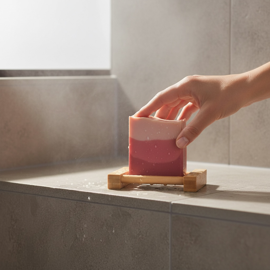 Hand holding Sweet Grace inspired silk & goat milk soap bar on a wooden soap dish in a bathroom setting