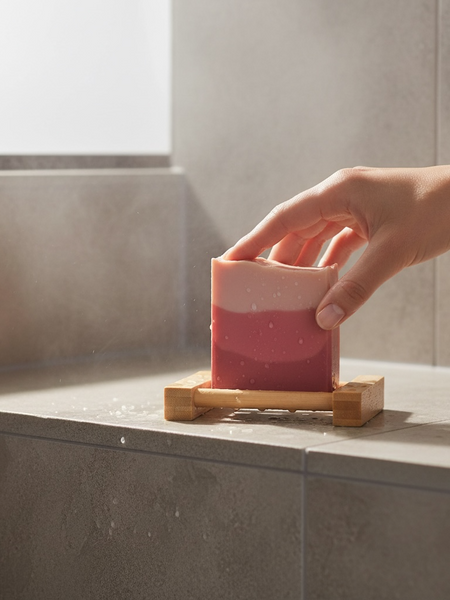 Hand holding Sweet Grace inspired silk & goat milk soap bar on a wooden soap dish in a bathroom setting