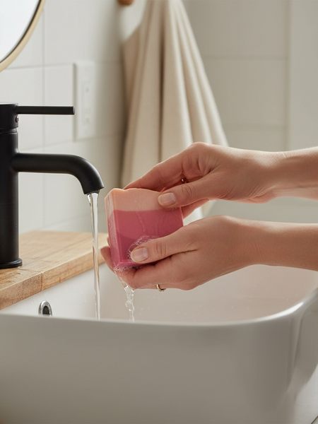 Person holding Sweet Grace inspired silk & goat milk soap bar under running water in a stylish bathroom