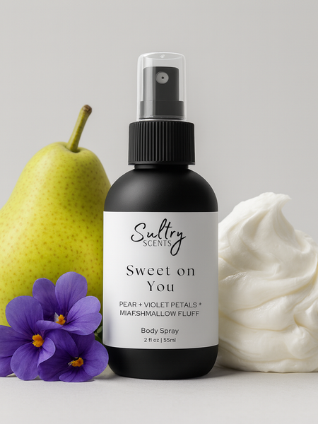 Sultry Scents Sweet Pear body spray inspired by Ellis Brooklyn Sweet with fresh pear, violets and marshmallow fluff
