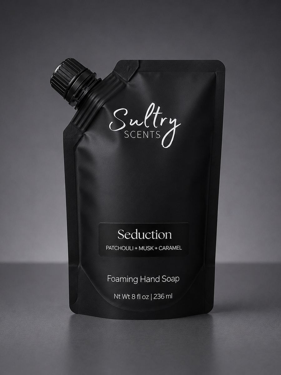 Sultry Scents Tyler Diva inspired hand soap in a sleek black pouch with seduction scent notes