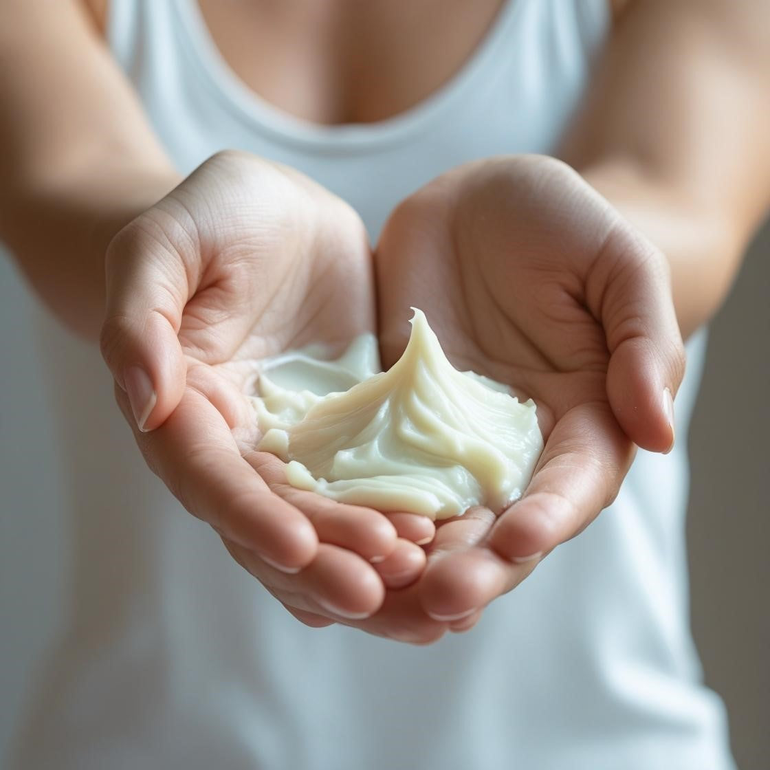 Hands holding a dollop of Sultry Scents ultra hydrating unscented body Cream with smooth texture