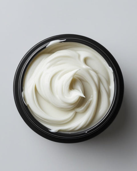 Open jar of ultra hydrating unscented body Cream with smooth white texture by Sultry Scents