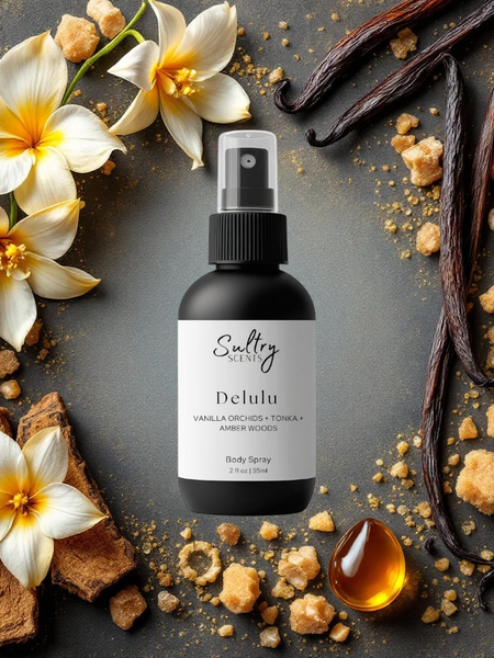 Sultry Scents Delulu body spray featuring notes of vanilla, tonka, and amber for a luxurious scent experience