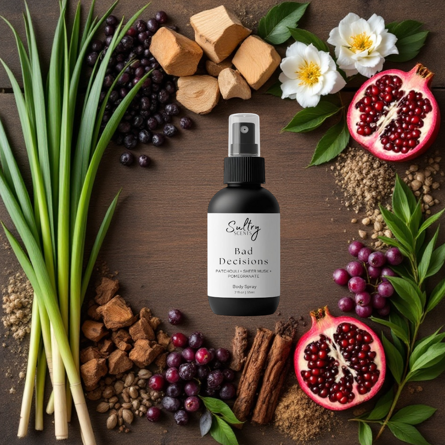 Sultry Scents Bad Decisions body spray surrounded by Vanilla, cedar, tuberose, vetiver, patchouli, pomegranate Body Spray