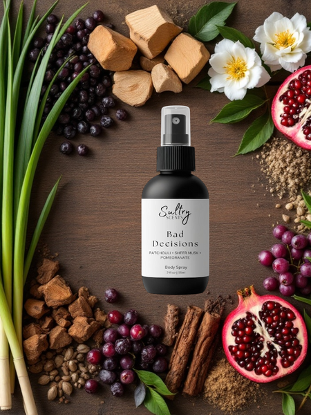 Sultry Scents Bad Decisions body spray surrounded by Vanilla, cedar, tuberose, vetiver, patchouli, pomegranate Body Spray