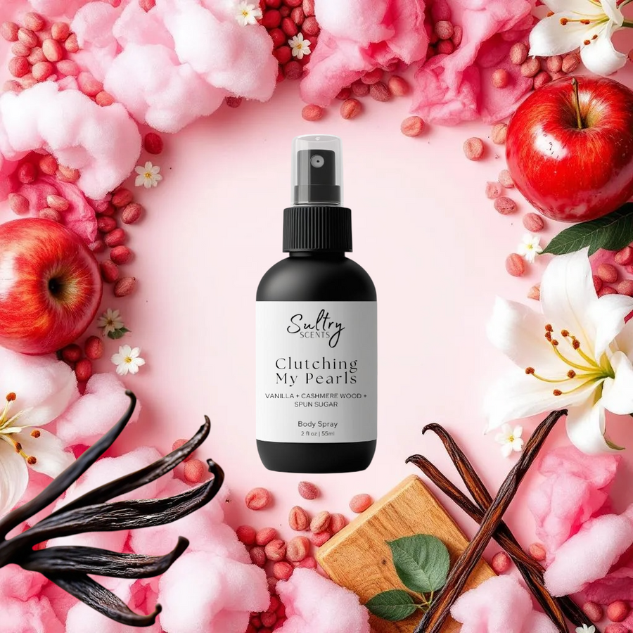 Vanilla Skin inspired body spray by Sultry Scents black bottle with vanilla pods apples cotton candy and flowers