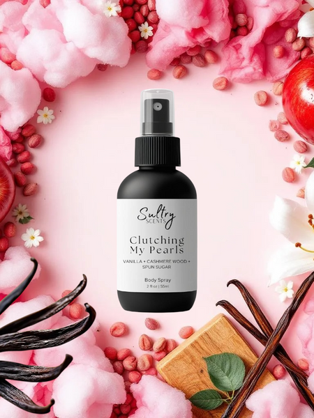 Vanilla Skin inspired body spray by Sultry Scents black bottle with vanilla pods apples cotton candy and flowers