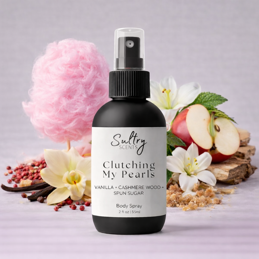 Sultry Scents Clutching My Pearls body spray featuring Vanilla Skin inspired body spray with floral and fruity notes