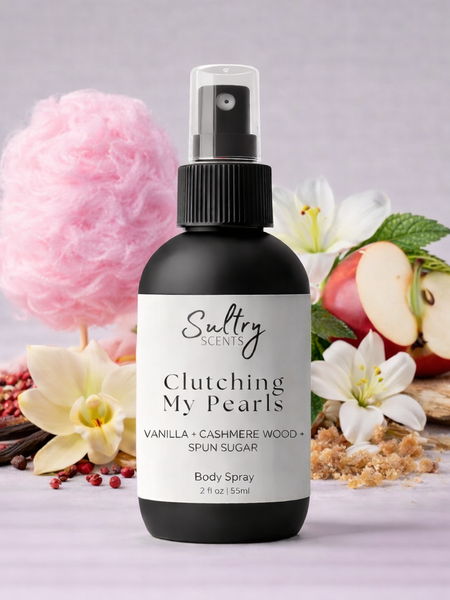 Sultry Scents Clutching My Pearls body spray featuring Vanilla Skin inspired body spray with floral and fruity notes