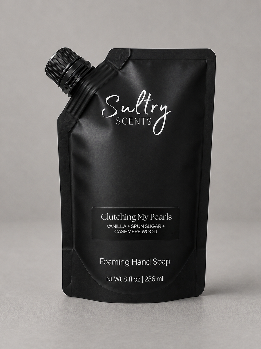 Sultry Scents Clutching My Pearls Vanilla Skin inspired luxury foaming hand soap in a sleek black 8 oz refill pouch