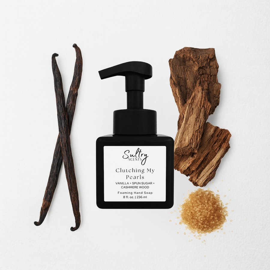 Sultry Scents Clutching My Pearls Vanilla Skin inspired luxury foaming hand soap with vanilla and sugar ingredients
