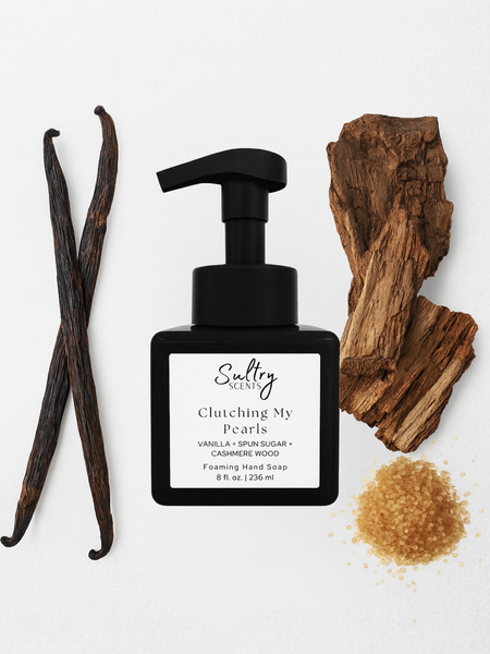 Sultry Scents Clutching My Pearls Vanilla Skin inspired luxury foaming hand soap with vanilla and sugar ingredients