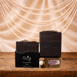 Sultry Scents handcrafted soap displayed on wooden surface with pearl backdrop, featuring vanilla skin inspired soap