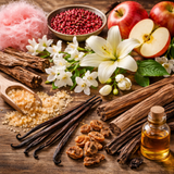 Scent notes for Vanilla skin inspired soap including vanilla pods, apples, spices, and flowers for a natural scent