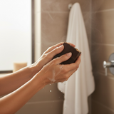 Hands using Vanilla skin inspired soap in the shower, showcasing its rich lather and luxurious texture