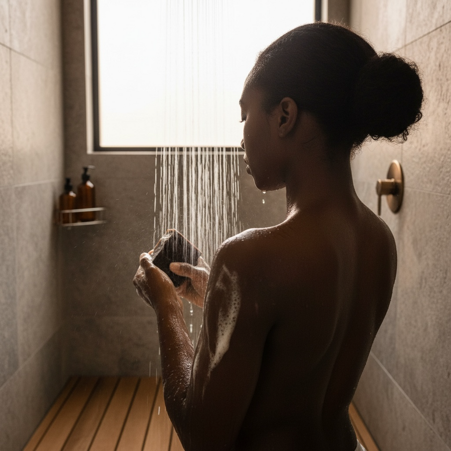 A person enjoying a shower with Vanilla skin inspired soap for a luxurious bathing experience