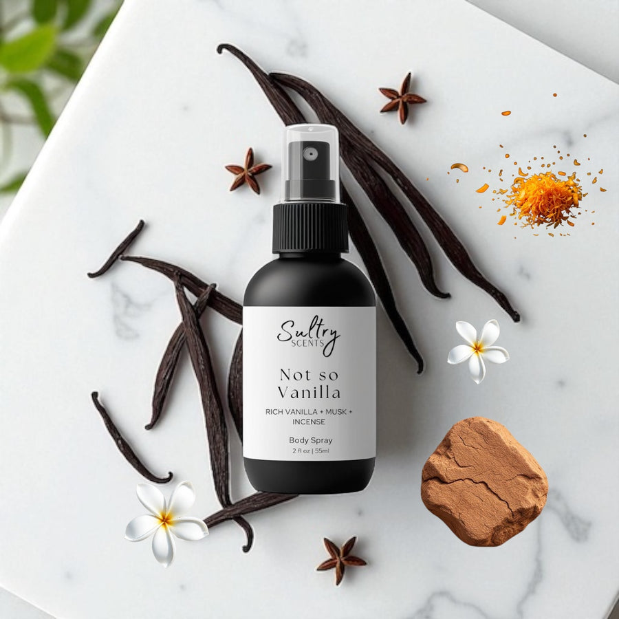Sultry Scents Vanille 44 dupe body spray with vanilla pods and natural spices on marble
