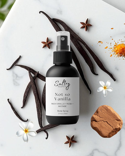 Sultry Scents Vanille 44 dupe body spray with vanilla pods and natural spices on marble