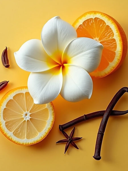 Vanille 44 dupe roll on perfume with white flower, orange slices, star anise, and vanilla pods on yellow background