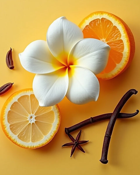Vanille 44 dupe roll on perfume with white flower, orange slices, star anise, and vanilla pods on yellow background