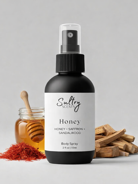 Sultry Scents Velvet Honey Santal inspired body spray in a sleek black bottle with honey, saffron, and wood scent notes pictured