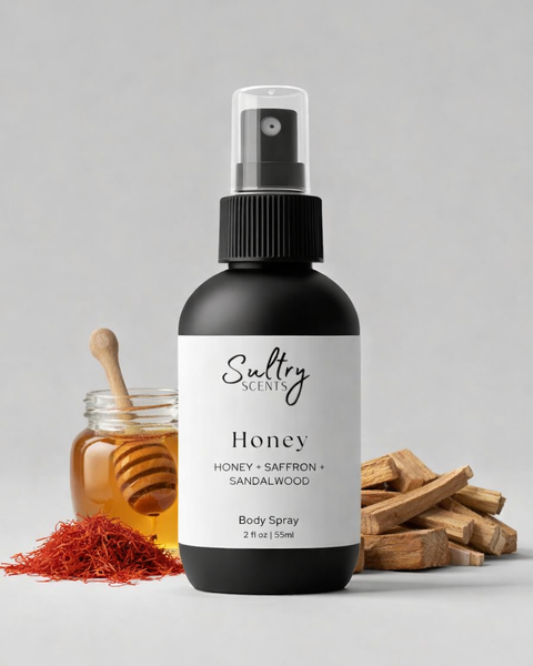 Sultry Scents Velvet Honey Santal inspired body spray in a sleek black bottle with honey, saffron, and wood scent notes pictured
