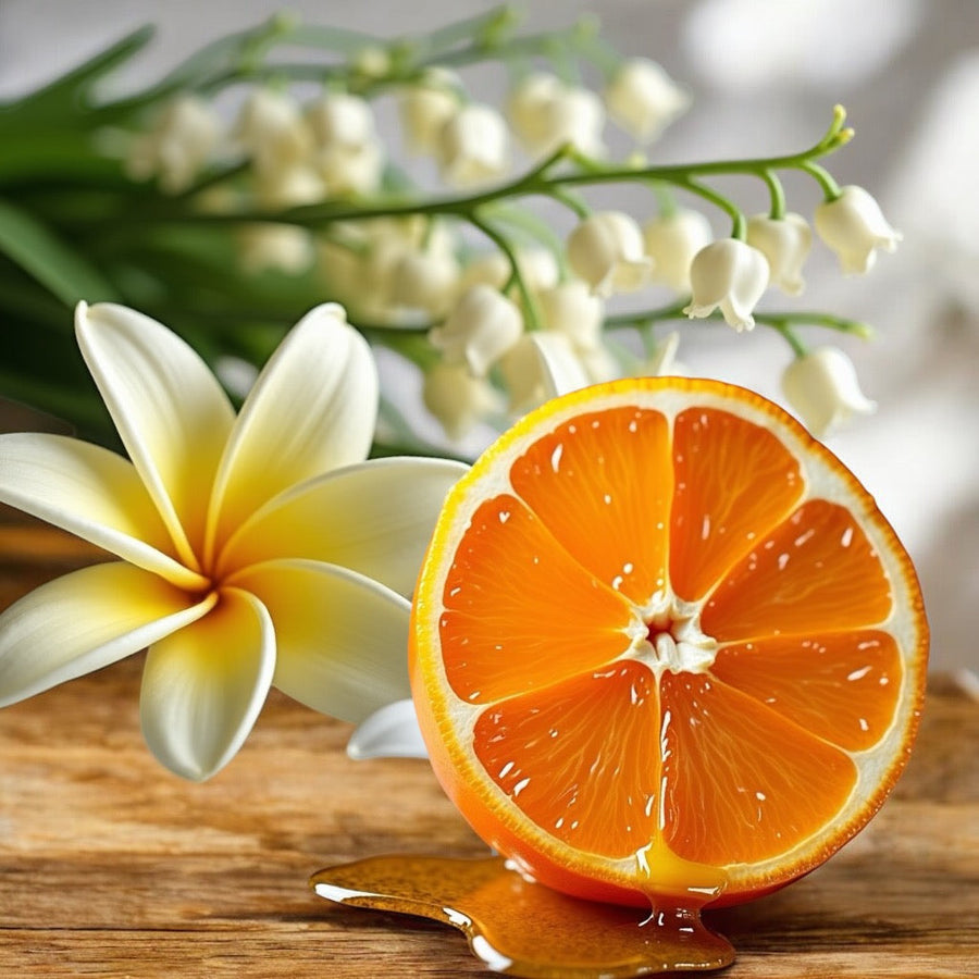 Orange slice with honey drizzle and white flowers representing fresh notes of Viva La Juicy perfume dupe