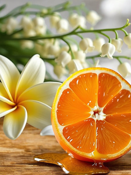 Orange slice with honey drizzle and white flowers representing fresh notes of Viva La Juicy perfume dupe