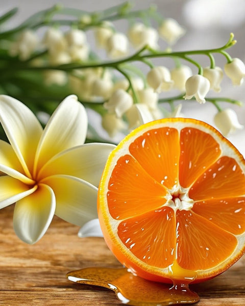 Orange slice with honey drizzle and white flowers representing fresh notes of Viva La Juicy perfume dupe