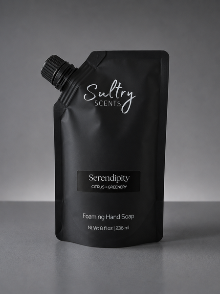 Sultry Scents Serendipity Volcano Inspired Foaming Hand Soap in sleek black pouch for refreshing hand cleaning
