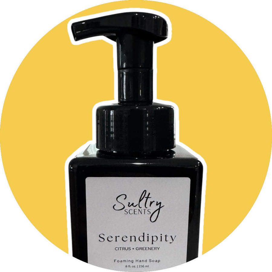 Sultry Scents Serendipity Citrus Greenery Volcano inspired foaming hand soap in black pump bottle