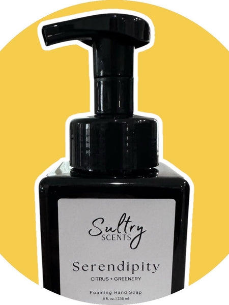 Sultry Scents Serendipity Citrus Greenery Volcano inspired foaming hand soap in black pump bottle