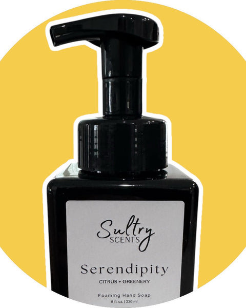 Sultry Scents Serendipity Citrus Greenery Volcano inspired foaming hand soap in black pump bottle