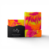 Westin hotel inspired soap bar with vibrant pink and yellow swirls in a handcrafted design