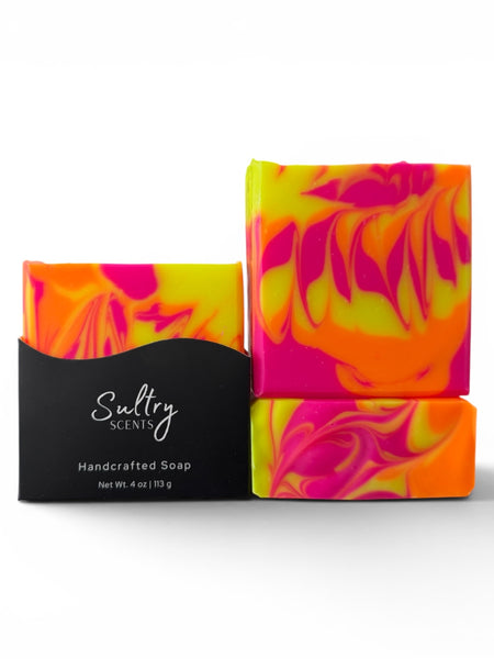 Westin hotel inspired soap bar with vibrant pink and yellow swirls in a handcrafted design