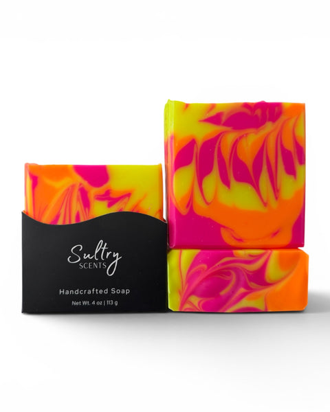 Westin hotel inspired soap bar with vibrant pink and yellow swirls in a handcrafted design
