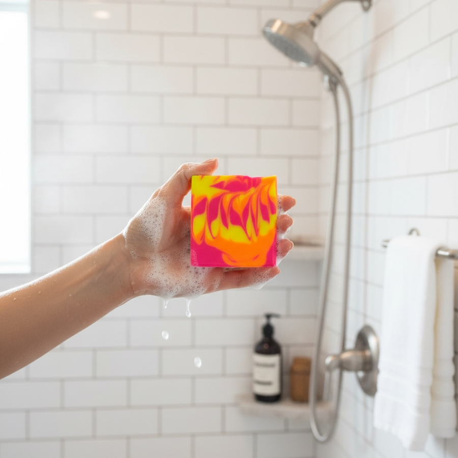 Hand holding a vibrant Westin hotel inspired soap bar in a modern shower setting