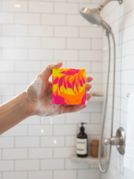 Hand holding a vibrant Westin hotel inspired soap bar in a modern shower setting