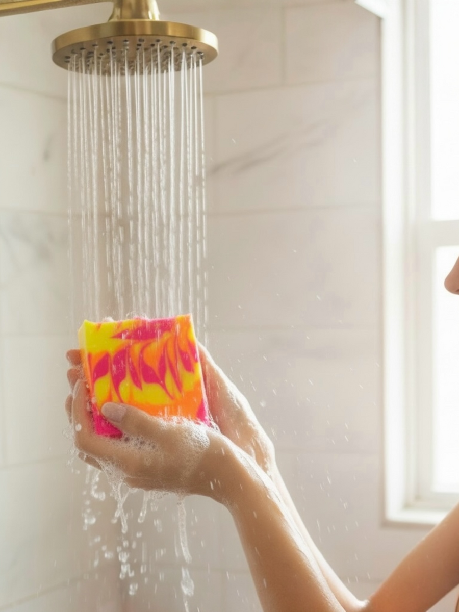 Person using Westin hotel inspired soap bar under a rain shower for a luxurious bathing experience