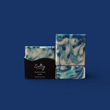 Sultry Scents handcrafted Wood Sage & Sea Salt inspired soap bars with blue and teal design