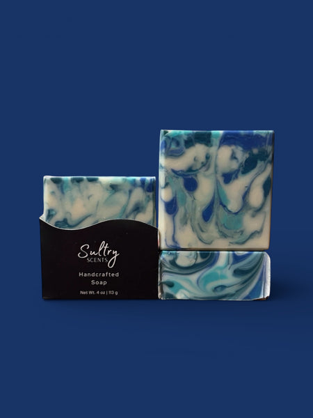 Sultry Scents handcrafted Wood Sage & Sea Salt inspired soap bars with blue and teal design