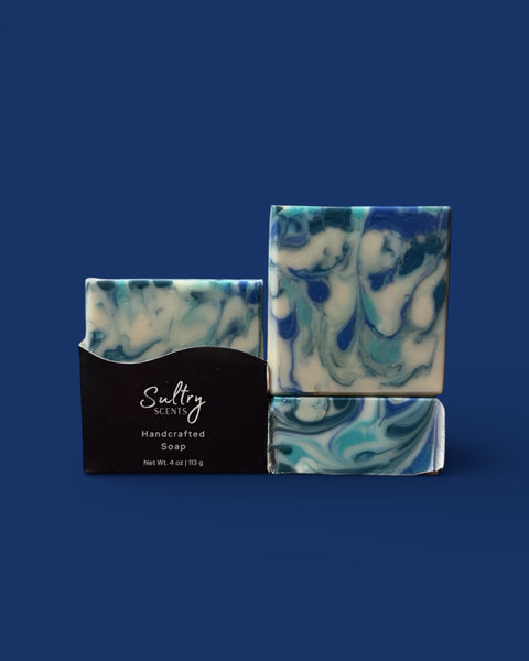 Sultry Scents handcrafted Wood Sage & Sea Salt inspired soap bars with blue and teal design