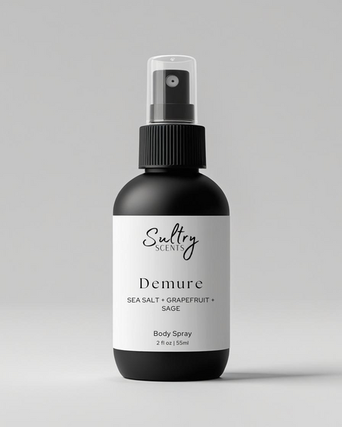 Sultry Scents Demure Body Spray featuring notes of sea salt and sage, inspired by Wood Sage & Sea Salt