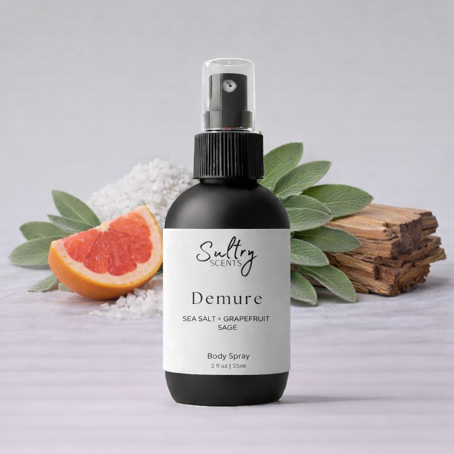 Sultry Scents body spray featuring Wood Sage & Sea Salt for a refreshing scent experience