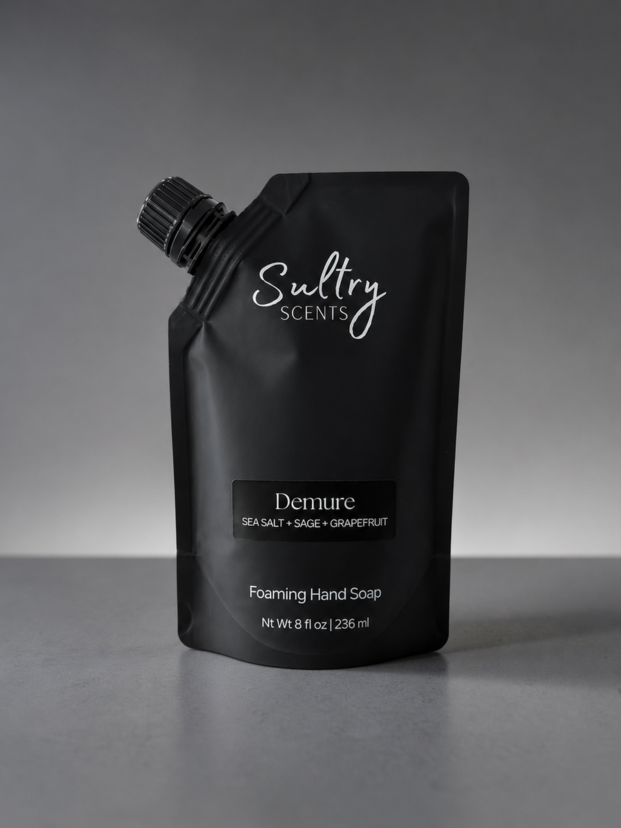 Sultry Scents Wood Sage & Sea Salt inspired foaming hand soap in a sleek black pouch