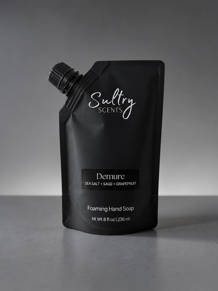 Sultry Scents Wood Sage & Sea Salt inspired foaming hand soap in a sleek black pouch