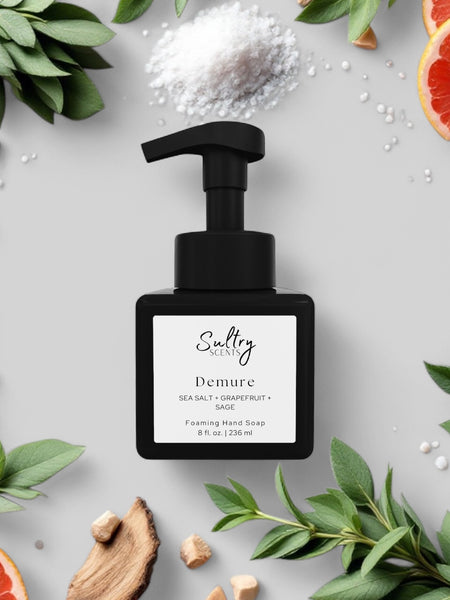 Sultry Scents Wood Sage & Sea Salt inspired foaming hand soap in sleek black pump bottle with natural ingredients